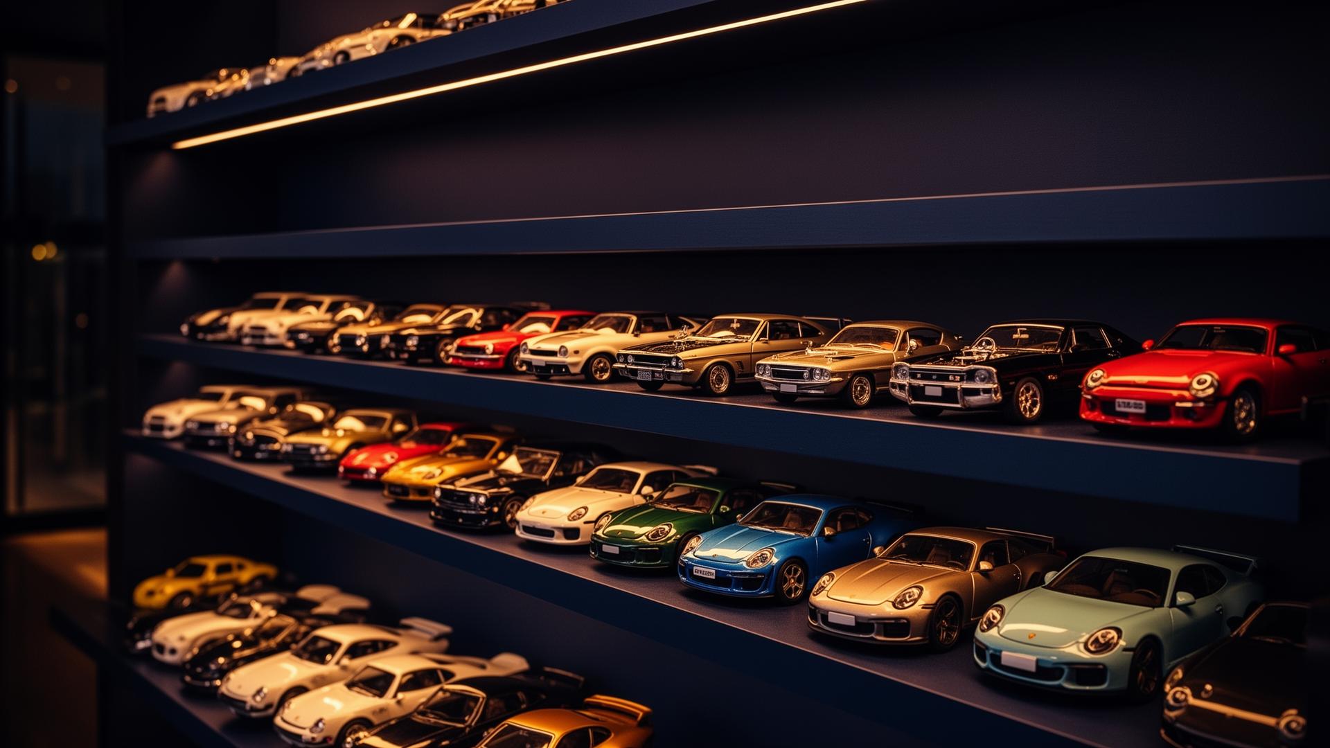 Premium diecast model car collection on dark display shelves