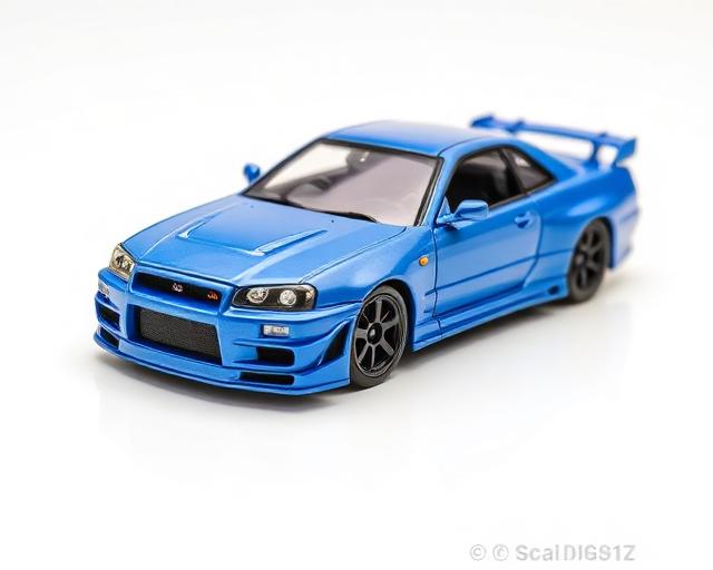 Nissan Skyline GT-R R34 diecast model in bayside blue
